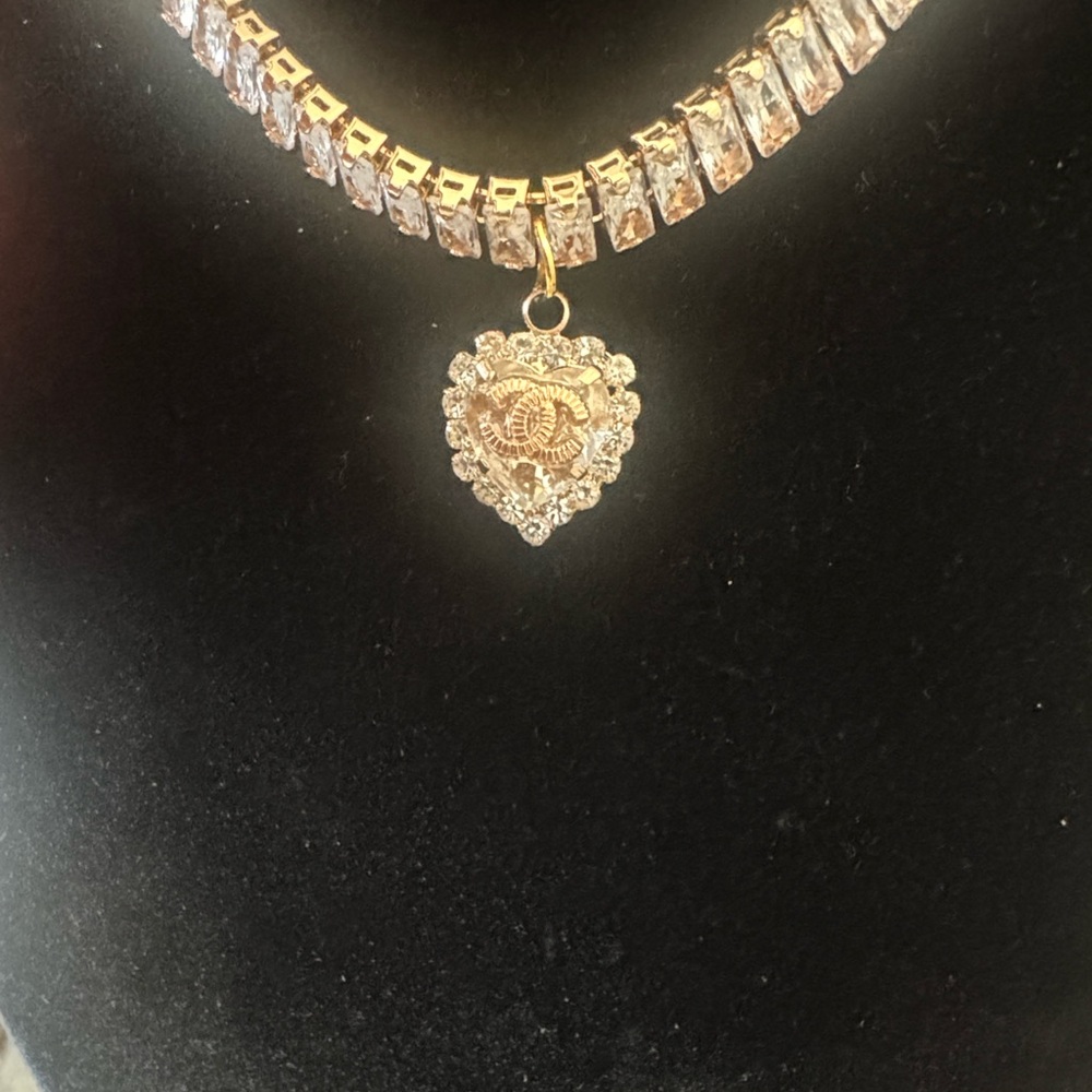 Gold-Tone Heart Pendant Tennis Necklace - Women Jewelry - Picture 8 of 9
